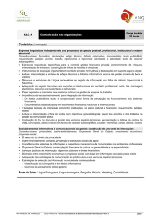 Carga horária
       CLC_4              Comunicação nas organizações
                                                                                                                       50 horas


  Conteúdos (Continuação)

  Suportes linguísticos indispensáveis aos processos de gestão pessoal, profissional, institucional e macro-
  estrutural
  Conceitos-chave: formulário; declaração; artigo técnico; folheto informativo; documentário; texto publicitário;
  requerimento; petição; acordo; tratado; hiperonímia e hiponímia; identidade e alteridade; texto de carácter
  autobiográfico.
     Estruturas linguísticas específicas para a correcta gestão financeira privada: preenchimento de cheques,
     interpretação de extractos, construção de folhas de receitas e despesas
     Instrumentos de execução orçamental em contexto privado: formulários e declarações em suporte papel e digital
     Leitura, interpretação e síntese de artigos técnicos e folhetos informativos acerca da gestão privada de bens e
     valores
     Recursos e estruturas de Língua necessários ao registo de informação em folha de cálculo: hiperonímia e
     hiponímia
     Adequação do registo discursivo aos suportes e interlocutores em contexto profissional: carta, fax, mensagem
     electrónica, discurso oral sustentado e estruturado
     Papel regulador e orientador dos relatórios críticos na gestão de equipas de trabalho
     Importância da escuta/visionamento para integração de informação
     - Os textos publicitários áudio e scriptovisuais como forma de percepção do funcionamento dos sistemas
        financeiros
     - Documentários especializados em movimentos financeiros nacionais e internacionais
     Tipologias textuais de interacção com/entre instituições, no plano cultural e financeiro: requerimento, petição,
     outros
     Leitura e interpretação crítica de textos com objectivos geoestratégicas: papel dos acordos e dos tratados na
     gestão da comunidade global
     Implicação do Eu no discurso e gestão dos vectores espácio-temporais: apresentação e defesa de pontos de
     vista, convicções, ideias e ideais em textos de carácter autobiográfico, a saber, memórias, cartas, diários, relatos

  Enquadramentos informativos e comunicacionais da gestão: construção de uma rede de interacções
  Conceitos-chave: privacidade; sobre-endicidamento; Orçamento Geral do Estado; crescimento económico;
  progresso social.
     O exercício do direito de privacidade
     Sobre-endividamento: conceito, prevenção e estruturas sociais de apoio
     Importância dos sistemas de informação e respectivos mecanismos de comunicação nos ambientes profissionais
     Orçamento Geral do Estado: contemplação financeira da cultura na generalidade e na especialidade
     Serviços públicos de informação: objectivos culturais e limites financeiros
     Distinção entre crescimento económico e progresso social, com base em informação veiculada pelos média
     Adequação das estratégias de comunicação ao público-alvo e aos vectores espácio-temporais
     Estratégias de selecção de informação na sociedade contemporânea
     - Massificação da iconografia e dos textos informativos
     - Exercício do pensamento crítico próprio

  Áreas do Saber: Língua Portuguesa; Língua estrangeira; Geografia; História; Marketing; Contabilidade.




REFERENCIAL DE FORMAÇÃO     Saída Profissional: Técnico/a Instalador/a de Sistemas Solares Fotovoltaicos   Nível 3           39/97
 