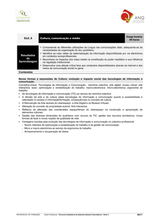 Carga horária
       CLC_5              Cultura, comunicação e média
                                                                                                                       50 horas


                           Compreende as diferentes utilizações da Língua nas comunicações rádio, adequando-as às
                           necessidades da organização do seu quotidiano.
                           Identifica as mais valias da sistematização da informação disponibilizada por via electrónica
   Resultados              em contextos socioprofissionais.
       de                  Reconhece os impactos dos mass media na constituição do poder mediático e sua influência
  Aprendizagem             na regulação institucional.
                           Desenvolve uma atitude crítica face aos conteúdos disponibilizados através da internet e dos
                           meios de comunicação social no geral.
  Conteúdos

  Novos formas e expressões de Cultura: evolução e impacto social das tecnologias de informação e
  comunicação
  Conceitos-chave: Tecnologias de Informação e Comunicação; memória colectiva; arte digital; museu virtual; arte
  interactiva; lazer; optimização e rentabilização do trabalho; macro-electrónica; micro-electrónica; ergonomia do
  trabalho.
      As tecnologias de informação e comunicação (TIC) ao serviço da memória colectiva
      A difusão da arte e da cultura pelas tecnologias de informação e comunicação quanto à acessibilidade e
      celeridade no acesso à informação/formação; consequências no conceito de cultura
      A Reinvenção da Arte através do ciberespaço: a Arte Digital e os Museus Virtuais
      Alteração do conceito de propriedade autoral: Arte Interactiva
      Reflexos da alteração das coordenadas espaço/tempo do ciberespaço na construção e apropriação de
      elementos culturais
      Gestão das diversas dimensões do quotidiano com recurso às TIC: gestão dos recursos domésticos, novas
      formas de lazer e novas noções de qualidade de vida
      Vantagens trazidas pela evolução das tecnologias de informação e comunicação no colectivo profissional:
      - Novos métodos de optimização e rentabilização do trabalho e de gestão da comunicação
      - Micro e macro electrónica ao serviço da ergonomia do trabalho
      - Armazenamento e recuperação de dados




REFERENCIAL DE FORMAÇÃO     Saída Profissional: Técnico/a Instalador/a de Sistemas Solares Fotovoltaicos   Nível 3           40/97
 