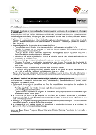 Carga horária
       CLC_5              Cultura, comunicação e média
                                                                                                                       50 horas


  Conteúdos (Continuação)

  Construção linguística da intervenção cultural e comunicacional com recurso às tecnologias de informação
  e comunicação
  Conceitos-chave: pesquisa, selecção e tratamento de informação; iconografia; comunicação em suporte electrónico;
  intencionalidade comunicativa; discurso oral; texto argumentativo; crónica; base de dados; hipertexto; anúncio;
  curriculum vitae; resumo; síntese; texto informativo.
      Técnicas de pesquisa, selecção e tratamento de informação, com objectivos pessoais e profissionais, através do
      recurso a ferramentas disponibilizadas pelas tecnologias de informação e comunicação (processador de texto e
      folha de cálculo)
      Adequação a situações de comunicação em suporte electrónico
      - Percepção das intencionalidades comunicativas implícitas e explícitas na comunicação em linha
      - Produção de discurso oral em presença e a distância: consciencialização dos mecanismos linguísticos
         supressores da ausência do interlocutor
      - Construção de uma ou mais identidades electrónicas e mobilização de recursos linguísticos adequados à
         participação em comunidades cibernéticas (Netiquette)
      - Interpretação de textos argumentativos, crónicas e discursos políticos para intervenção sustentada em
         comunidades de opinião em linha
      Mecanismos de Língua para sistematização da informação, em contexto socioprofissional
      - Adequação linguística e caracterização comunicacional das diversas ferramentas das tecnologias de
         informação e comunicação: mensagens electrónicas, fax, texto processado, folhas de cálculo, ASCII, visual
         Basic, HTML
      - Resposta a anúncios e construção de Curriculum Vitae em modelos diversos
      - O hipertexto como recurso comunicativo linguístico verbal e não verbal ao serviço da capacidade de
         intervenção na acção das instituições: páginas pessoais, blogs, entre outros
      Formas de intervenção crítica sobre a informação mediatizada: resumo e síntese de textos informativos e
      construção de folhetos informativos para apropriação e esclarecimento das mensagens veiculadas pelos média

  Os média e a alteração dos processos de comunicação, intervenção e participação pública
  Conceitos-chave: Comunidade; comunicação global; identidade local; identidade electrónica; opinião publica;
  pensamento crítico à escala global.
     Reformulação do conceito de comunidade por efeito das potencialidades comunicativas das tecnologias de
     informação e comunicação
     - Alteração do perfil das inter-relações humanas; noção de Identidade electrónica
     - Comunicação global vs identidade local
     - O poder dos média: importância da imagem e de novas formas de linguagem e de comunicação na formulação
        e preservação de uma opinião pública
     A importância da segurança dos sistemas de informação em contextos profissionais e institucionais:
     enquadramento legal e exploração dos instrumentos disponíveis para uma comunicação organizacional com
     vista à minimização de riscos
     Percepção da iconografia como linguagem preferencial dos diversos suportes tecnológicos e seu relacionamento
     pertinente com os tipos de texto e de comunicação inerentes
     A universalização dos grandes debates da Humanidade: a intervenção comunitária e a formulação de
     pensamento crítico numa conjuntura de globalização

  Áreas do Saber: Língua Portuguesa; Língua Estrangeira; História; Marketing; Tecnologias de Informação e
  Comunicação.




REFERENCIAL DE FORMAÇÃO     Saída Profissional: Técnico/a Instalador/a de Sistemas Solares Fotovoltaicos   Nível 3           41/97
 