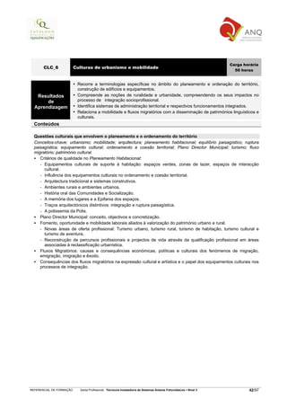 Carga horária
       CLC_6              Culturas de urbanismo e mobilidade
                                                                                                                       50 horas


                           Recorre a terminologias específicas no âmbito do planeamento e ordenação do território,
                           construção de edifícios e equipamentos.
   Resultados              Compreende as noções de ruralidade e urbanidade, compreendendo os seus impactos no
       de                  processo de integração socioprofissional.
  Aprendizagem             Identifica sistemas de administração territorial e respectivos funcionamentos integrados.
                           Relaciona a mobilidade e fluxos migratórios com a disseminação de patrimónios linguísticos e
                           culturais.
  Conteúdos

  Questões culturais que envolvem o planeamento e o ordenamento do território
  Conceitos-chave: urbanismo; mobilidade; arquitectura; planeamento habitacional; equilíbrio paisagístico; ruptura
  paisagística; equipamento cultural; ordenamento e coesão territorial; Plano Director Municipal; turismo; fluxo
  migratório; património cultural.
     Critérios de qualidade no Planeamento Habitacional:
     - Equipamentos culturais de suporte à habitação: espaços verdes, zonas de lazer, espaços de interacção
       cultural.
     - Influência dos equipamentos culturais no ordenamento e coesão territorial.
     - Arquitectura tradicional e sistemas construtivos.
     - Ambientes rurais e ambientes urbanos.
     - História oral das Comunidades e Socialização.
     - A memória dos lugares e a Epifania dos espaços.
     - Traços arquitectónicos distintivos: integração e ruptura paisagística.
     - A polissemia da Polis.
     Plano Director Municipal: conceito, objectivos e concretização.
     Fomento, oportunidade e mobilidade laborais aliados à valorização do património urbano e rural.
     - Novas áreas de oferta profissional: Turismo urbano, turismo rural, turismo de habitação, turismo cultural e
       turismo de aventura.
     - Reconstrução de percursos profissionais e projectos de vida através da qualificação profissional em áreas
       associadas à reclassificação urbanística.
     Fluxos Migratórios: causas e consequências económicas, políticas e culturais dos fenómenos de migração,
     emigração, imigração e êxodo.
     Consequências dos fluxos migratórios na expressão cultural e artística e o papel dos equipamentos culturais nos
     processos de integração.




REFERENCIAL DE FORMAÇÃO     Saída Profissional: Técnico/a Instalador/a de Sistemas Solares Fotovoltaicos   Nível 3           42/97
 