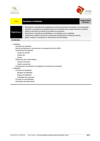Carga horária
      4562          Qualidade e fiabilidade
                                                                                                                      25 horas


                       Reconhecer a importância da qualidade ao nível dos processos de produção e de manutenção.
                       Identificar a importância da qualidade total como contributo para o desenvolvimento industrial.
                       Aplicar as técnicas de controle e de análise dos processos.
 Objectivo(s)
                       Reconhecer a importância da fiabilidade e a sua ligação com a qualidade.
                       Implementar medidas correctivas e preventivas enquadradas na melhoria continua.
                       Medir e analisar os resultados do desempenho das actividades.
 Conteúdos

 •   Qualidade
      − Conceitos da qualidade

      − Normas portuguesas e internacionais da qualidade família iso 9000

      − Ferramentas da qualidade

          . Cartas de controle
          . Análise abc
          . Outras
      −   Gestão das não conformidades
          . Acções correctivas
          . Acções preventivas
      − Processos de manutenção e sua ligação aos processos de produção

 •   Fiabilidade
      − Conceitos de fiabilidade

          . Medição da fiabilidade
          . Etapas da fiabilidade
          . Fiabilidade dos conjuntos
      −   Conceito de manutibilidade
      −   Indicadores de desempenho




REFERENCIAL DE FORMAÇÃO    Saída Profissional: Técnico/a Instalador/a de Sistemas Solares Fotovoltaicos   Nível 3           60/97
 