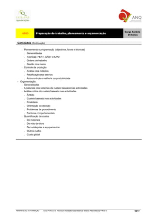 Carga horária
      4563             Preparação do trabalho, planeamento e orçamentação
                                                                                                                         25 horas


 Conteúdos (Continuação)

      −   Planeamento e programação (objectivos, fases e técnicas)
          .   Generalidades
          .   Técnicas: PERT, GANT e CPM
          .   Ordens de trabalho
          . Gestão dos meios
      −   Controle da produção
          . Análise dos métodos
          . Rectificação dos desvios
          . Auto-controle e melhoria da produtividade
 •   Orçamentação
      − Generalidades

      − A natureza dos sistemas de custeio baseado nas actividades

      − Análise critica do custeio baseado nas actividades

          .   Âmbito
          .   Custeio baseado nas actividades
          .   Finalidade
          .   Orientação da decisão
          .   Problemas de procedimento
          . Factores comportamentais
      −   Quantificação de custos
          .   De materiais
          .   De mão-de-obra
          .   De instalações e equipamentos
          .   Outros custos
          .   Custo global




REFERENCIAL DE FORMAÇÃO       Saída Profissional: Técnico/a Instalador/a de Sistemas Solares Fotovoltaicos   Nível 3           62/97
 