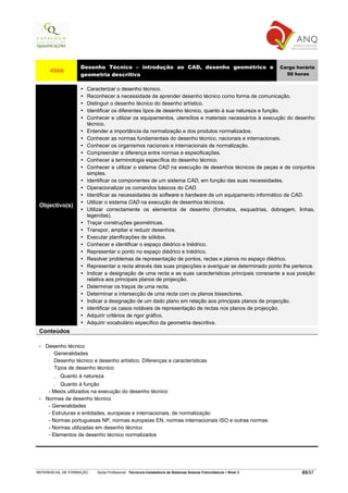 Desenho Técnico – introdução ao CAD, desenho geométrico e                                       Carga horária
      4566
                   geometria descritiva                                                                              50 horas


                      Caracterizar o desenho técnico.
                      Reconhecer a necessidade de aprender desenho técnico como forma de comunicação.
                      Distinguir o desenho técnico do desenho artístico.
                      Identificar os diferentes tipos de desenho técnico, quanto à sua natureza e função.
                      Conhecer e utilizar os equipamentos, utensílios e materiais necessários à execução do desenho
                      técnico.
                      Entender a importância da normalização e dos produtos normalizados.
                      Conhecer as normas fundamentais do desenho técnico, nacionais e internacionais.
                      Conhecer os organismos nacionais e internacionais de normalização.
                      Compreender a diferença entre normas e especificações.
                      Conhecer a terminologia específica do desenho técnico.
                      Conhecer e utilizar o sistema CAD na execução de desenhos técnicos de peças e de conjuntos
                      simples.
                      Identificar os componentes de um sistema CAD, em função das suas necessidades.
                      Operacionalizar os comandos básicos do CAD.
                      Identificar as necessidades de software e hardware de um equipamento informático de CAD.
                      Utilizar o sistema CAD na execução de desenhos técnicos.
 Objectivo(s)
                      Utilizar correctamente os elementos de desenho (formatos, esquadrias, dobragem, linhas,
                      legendas).
                      Traçar construções geométricas.
                      Transpor, ampliar e reduzir desenhos.
                      Executar planificações de sólidos.
                      Conhecer e identificar o espaço diédrico e triédrico.
                      Representar o ponto no espaço diédrico e triédrico.
                      Resolver problemas de representação de pontos, rectas e planos no espaço diédrico.
                      Representar a recta através das suas projecções e averiguar se determinado ponto lhe pertence.
                      Indicar a designação de uma recta e as suas características principais consoante a sua posição
                      relativa aos principais planos de projecção.
                      Determinar os traços de uma recta.
                      Determinar a intersecção de uma recta com os planos bissectores.
                      Indicar a designação de um dado plano em relação aos principais planos de projecção.
                      Identificar os casos notáveis de representação de rectas nos planos de projecção.
                      Adquirir critérios de rigor gráfico.
                      Adquirir vocabulário específico da geometria descritiva.
 Conteúdos

 •   Desenho técnico
      − Generalidades

      − Desenho técnico e desenho artístico. Diferenças e características

      − Tipos de desenho técnico

        . Quanto à natureza
        . Quanto à função
      - Meios utilizados na execução do desenho técnico
 •   Normas de desenho técnico
      - Generalidades
      - Estruturas e entidades, europeias e internacionais, de normalização
      - Normas portuguesas NP, normas europeias EN, normas internacionais ISO e outras normas
      - Normas utilizadas em desenho técnico
      - Elementos de desenho técnico normalizados




REFERENCIAL DE FORMAÇÃO   Saída Profissional: Técnico/a Instalador/a de Sistemas Solares Fotovoltaicos   Nível 3           65/97
 
