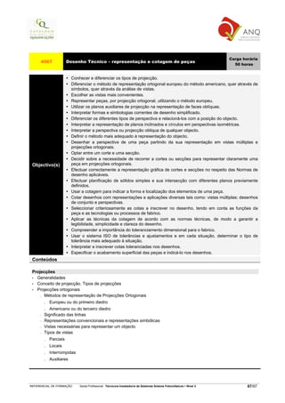 Carga horária
     4567               Desenho Técnico – representação e cotagem de peças
                                                                                                                         50 horas


                          Conhecer e diferenciar os tipos de projecção.
                          Diferenciar o método de representação ortogonal europeu do método americano, quer através de
                          símbolos, quer através da análise de vistas.
                          Escolher as vistas mais convenientes.
                          Representar peças, por projecção ortogonal, utilizando o método europeu.
                          Utilizar os planos auxiliares de projecção na representação de faces oblíquas.
                          Interpretar formas e simbologias correntes de desenho simplificado.
                          Diferenciar os diferentes tipos de perspectiva e relacioná-los com a posição do objecto.
                          Interpretar a representação de planos inclinados e círculos em perspectivas isométricas.
                          Interpretar a perspectiva ou projecção obliqua de qualquer objecto.
                          Definir o método mais adequado à representação do objecto.
                          Desenhar a perspectiva de uma peça partindo da sua representação em vistas múltiplas e
                          projecções ortogonais.
                          Optar entre um corte e uma secção.
                          Decidir sobre a necessidade de recorrer a cortes ou secções para representar claramente uma
 Objectivo(s)             peça em projecções ortogonais.
                          Efectuar correctamente a representação gráfica de cortes e secções no respeito das Normas de
                          desenho aplicáveis.
                          Efectuar planificação de sólidos simples e sua intersecção com diferentes planos previamente
                          definidos.
                          Usar a cotagem para indicar a forma e localização dos elementos de uma peça.
                          Cotar desenhos com representações e aplicações diversas tais como: vistas múltiplas; desenhos
                          de conjunto e perspectivas.
                          Seleccionar criteriosamente as cotas a inscrever no desenho, tendo em conta as funções da
                          peça e as tecnologias ou processos de fabrico.
                          Aplicar as técnicas da cotagem de acordo com as normas técnicas, de modo a garantir a
                          legibilidade, simplicidade e clareza do desenho.
                          Compreender a importância do toleranciamento dimensional para o fabrico.
                          Usar o sistema ISO de tolerâncias e ajustamentos e em cada situação, determinar o tipo de
                          tolerância mais adequado à situação.
                          Interpretar e inscrever cotas toleranciadas nos desenhos.
                          Especificar o acabamento superficial das peças e indicá-lo nos desenhos.
 Conteúdos

 Projecções
 • Generalidades
 • Conceito de projecção. Tipos de projecções
 • Projecções ortogonais
    − Métodos de representação de Projecções Ortogonais

         . Europeu ou do primeiro diedro
         . Americano ou do terceiro diedro
     −   Significado das linhas
     −   Representações convencionais e representações simbólicas
     −   Vistas necessárias para representar um objecto
     −   Tipos de vistas
         .   Parciais
         .   Locais
         .   Interrompidas
         .   Auxiliares




REFERENCIAL DE FORMAÇÃO       Saída Profissional: Técnico/a Instalador/a de Sistemas Solares Fotovoltaicos   Nível 3           67/97
 