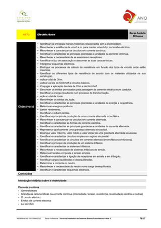 Carga horária
     4573          Electricidade
                                                                                                                     50 horas


                      Identificar os principais marcos históricos relacionados com a electricidade.
                      Reconhecer a existência de uma f.e.m. para manter uma d.d.p. ou tensão eléctrica.
                      Reconhecer e caracterizar os circuitos em corrente contínua.
                      Identificar e caracterizar as principais grandezas e unidades da corrente contínua.
                      Reconhecer a necessidade de se associarem receptores.
                      Identificar o tipo de associação e descrever as suas características.
                      Interpretar esquemas eléctricos.
                      Distinguir os processos de cálculo da resistência em função dos tipos de circuito onde estão
                      inseridas.
                      Identificar os diferentes tipos de resistência de acordo com os materiais utilizados na sua
                      construção.
                      Aplicar a lei de Ohm.
                      Aplicar as leis de Kirchhoff a circuitos básicos.
                      Conjugar a aplicação das leis de Ohm e de Kirchhoff.
                      Descrever os efeitos provocados pela passagem da corrente eléctrica num condutor.
                      Identificar a energia resultante num processo de transformação.
                      Aplicar a lei de Joule.
                      Reconhecer os efeitos de Joule.
                      Identificar e caracterizar as principais grandezas e unidades de energia e de potência.
 Objectivo(s)         Relacionar energia e potência.
                      Definir rendimento.
                      Identificar e reduzir perdas.
                      Identificar o princípio de produção de uma corrente alternada monofásica.
                      Reconhecer e caracterizar os circuitos em corrente alternada.
                      Identificar e caracterizar as formas de corrente eléctrica.
                      Identificar e caracterizar as principais grandezas e unidades da corrente alternada.
                      Representar graficamente uma grandeza alternada sinusoidal.
                      Distinguir valor máximo, valor médio e valor eficaz de uma grandeza alternada sinusoidal.
                      Identificar e caracterizar circuitos simples em regime sinusoidal.
                      Identificar e caracterizar os circuitos em corrente alternada (monofásicos e trifásicos).
                      Identificar o princípio de produção de um sistema trifásico.
                      Identificar e caracterizar os sistemas trifásicos.
                      Reconhecer a necessidade de sistemas trifásicos de tensão.
                      Relacionar tensão composta e tensão simples.
                      Identificar e caracterizar a ligação de receptores em estrela e em triângulo.
                      Identificar cargas equilibradas e desequilibradas.
                      Determinar a corrente no neutro.
                      Reconhecer a necessidade do neutro numa carga desequilibrada.
                      Identificar e caracterizar esquemas eléctricos.
 Conteúdos

 Introdução histórica sobre a electricidade

 Corrente contínua
 • Generalidades
 • Grandezas características da corrente contínua (intensidade, tensão, resistência, resistividade eléctrica e outras)
 • O circuito eléctrico
 • Efeitos da corrente eléctrica
 • Lei de Ohm




REFERENCIAL DE FORMAÇÃO   Saída Profissional: Técnico/a Instalador/a de Sistemas Solares Fotovoltaicos   Nível 3           78/97
 