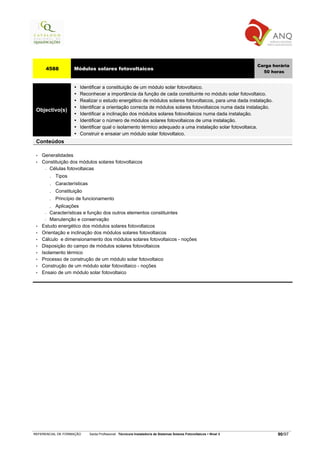 Carga horária
      4588            Módulos solares fotovoltaicos
                                                                                                                           50 horas


                         Identificar a constituição de um módulo solar fotovoltaico.
                         Reconhecer a importância da função de cada constituinte no módulo solar fotovoltaico.
                         Realizar o estudo energético de módulos solares fotovoltaicos, para uma dada instalação.
                         Identificar a orientação correcta de módulos solares fotovoltaicos numa dada instalação.
 Objectivo(s)
                         Identificar a inclinação dos módulos solares fotovoltaicos numa dada instalação.
                         Identificar o número de módulos solares fotovoltaicos de uma instalação.
                         Identificar qual o isolamento térmico adequado a uma instalação solar fotovoltaica.
                         Construir e ensaiar um módulo solar fotovoltaico.
 Conteúdos

 •   Generalidades
 •   Constituição dos módulos solares fotovoltaicos
      − Células fotovoltaicas

          .   Tipos
          .   Características
          .   Constituição
          .   Princípio de funcionamento
          .Aplicações
      −  Características e função dos outros elementos constituintes
       − Manutenção e conservação

 •   Estudo energético dos módulos solares fotovoltaicos
 •   Orientação e inclinação dos módulos solares fotovoltaicos
 •   Cálculo e dimensionamento dos módulos solares fotovoltaicos - noções
 •   Disposição do campo de módulos solares fotovoltaicos
 •   Isolamento térmico
 •   Processo de construção de um módulo solar fotovoltaico
 •   Construção de um módulo solar fotovoltaico - noções
 •   Ensaio de um módulo solar fotovoltaico




REFERENCIAL DE FORMAÇÃO         Saída Profissional: Técnico/a Instalador/a de Sistemas Solares Fotovoltaicos   Nível 3           90/97
 