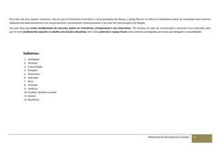 Referencial de Educação para a Saúde | 15
Para além dos seus aspetos sistémicos, mais do que um fenómeno minoritário e numa perspetiva de doença, a Saúde Mental na Infância e Adolescência deve ser entendida numa vertente
adaptativa do desenvolvimento e do comportamento, naturalmente contextualizando o seu valor de Comunicação e de Relação.
Isto quer dizer que certas manifestações do mal-estar podem ser transitórias, ultrapassáveis e até maturativas. Têm sempre um valor de comunicação e convocam-nos à interação, pelo
que se torna fundamental capacitar os adultos com funções educativas, bem como potenciar o espaço Escola como contexto privilegiado para estas aprendizagens e consolidações.
Subtemas:
1. Identidade
2. Pertença
3. Comunicação
4. Emoções
5. Autonomia
6. Interação
7. Risco
8. Proteção
9. Violência
10. Escolhas, desafios e perdas
11. Valores
12. Resiliência
 