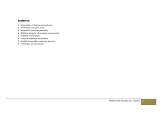 Referencial de Educação para a Saúde | 31
Subtemas:
1. Alimentação e influências socioculturais
2. Alimentação, nutrição e saúde
3. Alimentação e escolhas individuais
4. O Ciclo do alimento – do produtor ao consumidor
5. Ambiente e alimentação
6. Compra e preparação de alimentos
7. Direito à alimentação e segurança alimentar
8. Alimentação em meio escolar
 