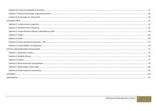 Referencial de Educação para a Saúde | 4
Subtema 6: Compra e preparação de alimentos............................................................................................................................................................................................................................ 47
Subtema 7: Direito à alimentação e segurança alimentar ............................................................................................................................................................................................................. 49
Subtema 8: Alimentação em meio escolar..................................................................................................................................................................................................................................... 50
ATIVIDADE FÍSICA................................................................................................................................................................................................................................................................................ 51
Subtema 1: Comportamento sedentário........................................................................................................................................................................................................................................ 52
Subtema 2: Atividade Física e Desportiva ...................................................................................................................................................................................................................................... 53
Subtema 1: Comportamentos aditivos e dependências (CAD) ...................................................................................................................................................................................................... 58
Subtema 2: Tabaco......................................................................................................................................................................................................................................................................... 60
Subtema 3: Álcool........................................................................................................................................................................................................................................................................... 63
Subtema 4: Outras substâncias psicoativas – SPA.......................................................................................................................................................................................................................... 67
Subtema 5: Outras Adições sem Substância .................................................................................................................................................................................................................................. 70
AFETOS e EDUCAÇÃO PARA A SEXUALIDADE ..................................................................................................................................................................................................................................... 73
Subtema 1: Identidade e Género ................................................................................................................................................................................................................................................... 74
Subtema 2: Relações Afetivas......................................................................................................................................................................................................................................................... 75
Subtema 3: Valores......................................................................................................................................................................................................................................................................... 77
Subtema 4: Desenvolvimento da sexualidade................................................................................................................................................................................................................................ 78
Subtema 5: Maternidade e Paternidade ........................................................................................................................................................................................................................................ 80
Subtema 6: Direitos sexuais e reprodutivos................................................................................................................................................................................................................................... 82
GLOSSÁRIO.......................................................................................................................................................................................................................................................................................... 83
BIBLIOGRAFIA...................................................................................................................................................................................................................................................................................... 93
 