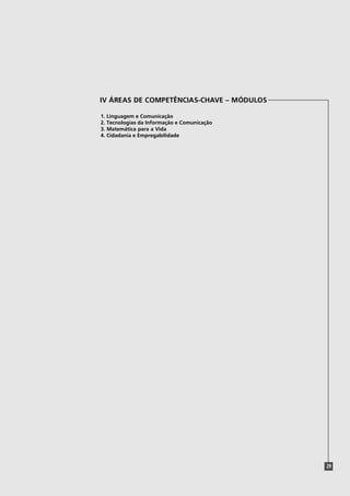 IV ÁREAS DE COMPETÊNCIAS-CHAVE – MÓDULOS
1. Linguagem e Comunicação
2. Tecnologias da Informação e Comunicação
3. Matemática para a Vida
4. Cidadania e Empregabilidade
29
 