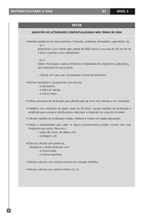 MATEMÁTICA PARA A VIDA B3 NÍVEL 1
86
NÍVEL 3
MV3B
SUGESTÃO DE ACTIVIDADES CONTEXTUALIZADAS NOS TEMAS DE VIDA
• Resolver problemas em vários domínios: financeiro, ambiental, demográfico, geométrico, etc.
– Ex.1:
Determinar o juro obtido pelo capital de 2000 euros a uma taxa de 5% ao fim de
5 anos, supondo o juro capitalizável.
– Ex.2:
Obter informação e explicar diferentes modalidades de empréstimo, pela Banca,
para obtenção de casa própria.
– Cálculo, em casa caso, da prestação mensal de reembolso.
• Estimar resultados e comprová-los com recurso:
– à calculadora;
– à folha de cálculo;
– a outros meios.
• Utilizar processos de verificação para identificação de erros nos métodos e nos resultados.
• Trabalhar com conjuntos de dados (mais de 50 itens), usando medidas de localização e
amplitude para comparar distribuições e descrever a dispersão no conjunto de dados.
• Calcular medidas de localização (média, mediana e moda) com dados agrupados.
• Utilizar a probabilidade para saber se alguns acontecimentos podem ocorrer com mais
frequência que outros. Recurso a:
– jogos (de cartas, de dados, etc);
– sondagens, etc.
• Efectuar cálculos com potências.
- Multiplicar e dividir potências com:
– a mesma base;
– o mesmo expoente.
• Efectuar cálculos com números escritos em notação científica.
• Efectuar cálculos com radicais (índices 2 e 3).
 