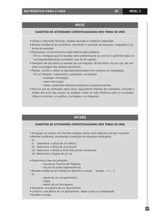 MATEMÁTICA PARA A VIDA B3 NÍVEL 3
87
MV3C
MV3BD
SUGESTÃO DE ACTIVIDADES CONTEXTUALIZADAS NOS TEMAS DE VIDA
• Utilizar e reformular fórmulas, resolver equações e simplificar expressões.
• Resolver problemas do quotidiano, recorrendo à resolução de equações, inequações e sis-
temas de equações.
• Desenvolver um levantamento sobre determinado problema.
– Por ex: Averiguar qual é o escalão etário predominante ou construir a pirâmide etária na
sua freguesia/bairro/rua (considerar mais de 50 sujeitos).
• Averiguar até que ponto as pessoas (da sua freguesia, do seu bairro, da sua rua), são sen-
síveis à reciclagem dos resíduos domésticos.
• Planear, concluir e relatar as descobertas/resultados dum projecto ou investigação.
– Por ex: Designar, implementar e apresentar um produto.
– investigar informação;
– tratar informação;
– relatar, explicando efeitos/consequências a possíveis clientes.
• Procurar que as conclusões sejam claras, logicamente inferidas dos resultados, incluindo a
análise dos erros que possam de qualquer modo ter tido influência sobre os resultados.
Utilizar no mínimo, um gráfico, uma tabela e um diagrama.
SUGESTÃO DE ACTIVIDADES CONTEXTUALIZADAS NOS TEMAS DE VIDA
• Triangular um campo com formato irregular, tendo como objectivo calcular a sua área.
• Resolver problemas, envolvendo a resolução de triângulos rectângulos.
Ex:
(i) Determinar a altura de um edifício;
(ii) Determinar a altura de uma árvore;
(iii) Determinar a distância entre dois pontos inacessíveis;
(iv) Determinar a largura de um rio.
• Determinar a área de triângulos:
– recurso ao Teorema de Pitágoras;
– recurso às razões trigonométricas.
• Resolver problemas de medida em desenhos à escala (escalas › 1 e ‹ 1)
Ex:
– planta de um compartimento;
– mapa;
– planta de um formigueiro.
• Interpretar uma planta de um apartamento.
• Construir uma planta de um apartamento, dados a área e a implantação.
• Escolher a escala.
 