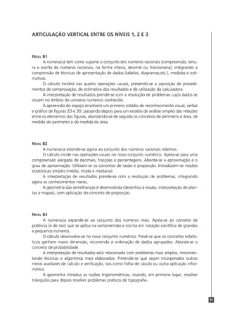 91
ARTICULAÇÃO VERTICAL ENTRE OS NÍVEIS 1, 2 E 3
NÍVEL B1
A numeracia tem como suporte o conjunto dos números racionais (compreensão, leitu-
ra e escrita de números racionais, na forma inteira, decimal ou fraccionária), integrando a
comprensão de técnicas de apresentação de dados (tabelas, diagramas,etc.), medidas e esti-
mativas.
O cálculo incidirá nas quatro operações usuais, prevendo-se a aquisição de procedi-
mentos de comprovação, de estimativa dos resultados e de utilização da calculadora.
A interpretação de resultados prende-se com a resolução de problemas cujos dados se
situem no âmbito do universo numérico conhecido.
A apreensão do espaço envolverá um primeiro estádio de reconhecimento visual, verbal
e gráfico de figuras 2D e 3D, passando depois para um estádio de análise simples das relações
entre os elementos das figuras, abordando-se de seguida os conceitos de perímetro e área, de
medida do perímetro e de medida da área.
NÍVEL B2
A numeracia estende-se agora ao conjunto dos números racionais relativos.
O cálculo incide nas operações usuais no novo conjunto numérico. Apela-se para uma
compreensão alargada de decimais, fracções e percentagens. Aborda-se a aproximação e o
grau de aproximação. Utilizam-se os conceitos de razão e proporção. Introduzem-se noções
estatísticas simples (média, moda e mediana).
A interpretação de resultados prende-se com a resolução de problemas, integrando
agora os conhecimentos novos.
A geometria das semelhanças é desenvolvida (desenhos à escala, interpretação de plan-
tas e mapas), com aplicação do conceito de proporção.
NÍVEL B3
A numeracia expande-se ao conjunto dos números reais. Apela-se ao conceito de
potência (e de raiz) que se aplica na compreensão e escrita em notação científica de grandes
e pequenos números.
O cálculo desenvolve-se no novo conjunto numérico. Prevê-se que os conceitos estatís-
ticos ganhem maior dimensão, recorrendo à ordenação de dados agrupados. Aborda-se o
conceito de probabilidade.
A interpretação de resultados está relacionada com problemas mais amplos, movimen-
tando técnicas e algoritmos mais elaborados. Pretende-se que sejam incorporados outros
meios auxiliares de cálculo e verificação, tais como folha de cáculo ou outra aplicação infor-
mática.
A geometria introduz as razões trigonométricas, visando, em primeiro lugar, resolver
triângulos para depois resolver problemas práticos de topografia.
 