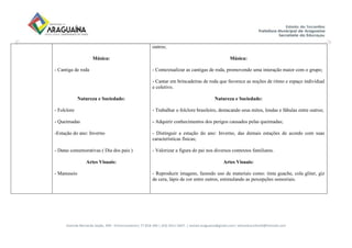 Avenida Bernardo Sayão, 499 - Entroncamento| 77.818-340 | (63) 3411-5607. | semed.araguaina@gmail.com| setoreducinfantil@hotmail.com
Música:
- Cantiga de roda
Natureza e Sociedade:
- Folclore
- Queimadas
-Estação do ano: Inverno
- Datas comemorativas ( Dia dos pais )
Artes Visuais:
- Manuseio
outros;
Música:
- Contextualizar as cantigas de roda, promovendo uma interação maior com o grupo;
- Cantar em brincadeiras de roda que favorece as noções de ritmo e espaço individual
e coletivo.
Natureza e Sociedade:
- Trabalhar o folclore brasileiro, destacando seus mitos, lendas e fábulas entre outros;
- Adquirir conhecimentos dos perigos causados pelas queimadas;
- Distinguir a estação do ano: Inverno, das demais estações de acordo com suas
características físicas;
- Valorizar a figura do pai nos diversos contextos familiares.
Artes Visuais:
- Reproduzir imagens, fazendo uso de materiais como: tinta guache, cola gliter, giz
de cera, lápis de cor entre outros, estimulando as percepções sensoriais.
 