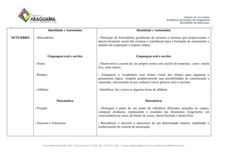 Avenida Bernardo Sayão, 499 - Entroncamento| 77.818-340 | (63) 3411-5607. | semed.araguaina@gmail.com| setoreducinfantil@hotmail.com
SETEMBRO
Identidade e Autonomia:
- Brincadeiras
Linguagem oral e escrita:
- Nome
- Rótulos
- Alfabeto
Matemática:
- Posição
- Sucessor e Antecessor
Identidade e Autonomia:
- Participar de brincadeiras igualmente de meninos e meninas que proporcionam o
desenvolvimento social das crianças e contribuem para a formação de sentimentos e
atitudes de cooperação e respeito mútuo.
Linguagem oral e escrita:
- Desenvolver a escrita do seu próprio nome com auxílio de materiais, como: crachá
fixa, entre outros;
- Enriquecer o vocabulário com leitura visual dos rótulos para organizar o
pensamento lógico. Ampliar gradativamente suas possibilidades de comunicação e
expressão, interessando-se por conhecer vários gêneros orais e escritos;
- Identificar, ler e escrever algumas letras do alfabeto.
Matemática:
- Distinguir a partir de um ponto de referência diferentes posições no espaço,
comparar distâncias expressando o resultado nas dimensões: longe/perto, em
cima/embaixo/no meio, de frente/ de costas, aberto/fechado e dentro/fora;
- Reconhecer o sucessor e antecessor de um determinado número, ampliando o
conhecimento do sistema de numeração.
 