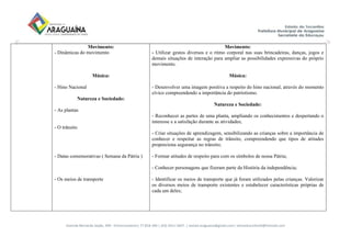 Avenida Bernardo Sayão, 499 - Entroncamento| 77.818-340 | (63) 3411-5607. | semed.araguaina@gmail.com| setoreducinfantil@hotmail.com
Movimento:
- Dinâmicas do movimento
Música:
- Hino Nacional
Natureza e Sociedade:
- As plantas
- O trânsito
- Datas comemorativas ( Semana da Pátria )
- Os meios de transporte
Movimento:
- Utilizar gestos diversos e o ritmo corporal nas suas brincadeiras, danças, jogos e
demais situações de interação para ampliar as possibilidades expressivas do próprio
movimento.
Música:
- Desenvolver uma imagem positiva a respeito do hino nacional, através do momento
cívico compreendendo a importância do patriotismo.
Natureza e Sociedade:
- Reconhecer as partes de uma planta, ampliando os conhecimentos e despertando o
interesse e a satisfação durante as atividades;
- Criar situações de aprendizagem, sensibilizando as crianças sobre a importância de
conhecer e respeitar as regras de trânsito, compreendendo que tipos de atitudes
proporciona segurança no trânsito;
- Formar atitudes de respeito para com os símbolos de nossa Pátria;
- Conhecer personagens que fizeram parte da História da independência;
- Identificar os meios de transporte que já foram utilizados pelas crianças. Valorizar
os diversos meios de transporte existentes e estabelecer características próprias de
cada um deles;
 
