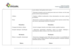 Avenida Bernardo Sayão, 499 - Entroncamento| 77.818-340 | (63) 3411-5607. | semed.araguaina@gmail.com| setoreducinfantil@hotmail.com
- Alfabeto
- Nome
Matemática:
- Contagem de números e objetos
- Seriação/ ordenação / classificação
Movimento:
- Mímica / coreografia / dramatização
Música:
se por conhecer vários gêneros oral e escrito;
- Participar de situações social, nas quais possa contar suas vivências, ouvir de outras
pessoas, através de questionamentos;
- Explorar o alfabeto reconhecendo as letras relacionando-as aos nomes e palavras
do cotidiano;
- Desenvolver a escrita do seu próprio nome, sem auxílio de materiais (crachá, fichas,
entre outros) e apresentação do primeiro sobrenome.
Matemática:
- Escrita à contagem, fazendo uso de objetos variados, seguida de registros;
- Desenvolver aproximação matemática, através da seriação. Ordenação e
classificação de objetos, números, cores, letras, formas entre outras.
Movimento:
- Desenvolver a linguagem gestual. Saber lidar com os limites e as possibilidades do
seu corpo. Utilizar os gestos, posturas e ritmos para expressar e comunicar sensações,
sentimentos pessoais e ideias.
Música:
 
