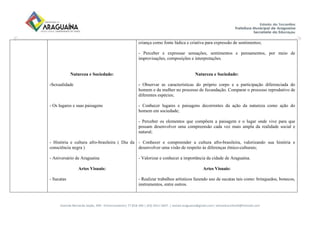 Avenida Bernardo Sayão, 499 - Entroncamento| 77.818-340 | (63) 3411-5607. | semed.araguaina@gmail.com| setoreducinfantil@hotmail.com
Natureza e Sociedade:
-Sexualidade
- Os lugares e suas paisagens
- História e cultura afro-brasileira ( Dia da
consciência negra )
- Aniversário de Araguaína
Artes Visuais:
- Sucatas
criança como fonte lúdica e criativa para expressão de sentimentos;
- Perceber e expressar sensações, sentimentos e pensamentos, por meio de
improvisações, composições e interpretações.
Natureza e Sociedade:
- Observar as características do próprio corpo e a participação diferenciada do
homem e da mulher no processo de fecundação. Comparar o processo reprodutivo de
diferentes espécies;
- Conhecer lugares e paisagens decorrentes da ação da natureza como ação do
homem em sociedade;
- Perceber os elementos que compõem a paisagem e o lugar onde vive para que
possam desenvolver uma compreensão cada vez mais ampla da realidade social e
natural;
- Conhecer e compreender a cultura afro-brasileira, valorizando sua história e
desenvolver uma visão de respeito às diferenças étnico-culturais;
- Valorizar e conhecer a importância da cidade de Araguaína.
Artes Visuais:
- Realizar trabalhos artísticos fazendo uso de sucatas tais como: brinquedos, bonecos,
instrumentos, entre outros.
 