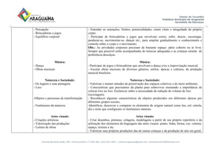 Avenida Bernardo Sayão, 499 - Entroncamento| 77.818-340 | (63) 3411-5607. | semed.araguaina@gmail.com| setoreducinfantil@hotmail.com
- Percepção
- Brincadeiras e jogos
- Equilíbrio corporal
Música:
- Dança
- Obras musicais
Natureza e Sociedade:
- Os lugares e suas paisagens
- Lixo
-Objetos e processos de transformação
- Fenômenos da natureza
Artes visuais:
- Criações artísticas
- Valorização das produções
- Leitura de obras
- Entender as sensações, limites, potencialidades, sinais vitais e integridade do próprio
corpo;
- Participar de brincadeiras e jogos que envolvam correr, subir, descer, escorregar,
pendurar-se, movimentar-se, dançar etc., para ampliar gradualmente o conhecimento e
controle sobre o corpo e o movimento;
Obs.: As atividades corporais precisam de bastante espaço: pátio coberto ou ar livre.
Sempre que possível serão acompanhadas de músicas adequadas e as crianças estarão de
preferência descalças.
Música:
- Participar de jogos e brincadeiras que envolvam a dança e/ou a improvisação musical;
- Escutar obras musicais de diversos gêneros, estilos, épocas e culturas, da produção
musical brasileira.
Natureza e Sociedade:
- Valorizar e manter atitudes de preservação dos espaços coletivos e do meio ambiente;
- Conscientizar que precisamos da planta para sobreviver ensinando a importância de
colocar lixo no lixo. Esclarecer sobre a necessidade de redução de volume de lixo
(reciclagem).
- Reconhecer algumas características de objetos produzidos em diferentes épocas por
diferentes grupos sociais;
-Identificar, descrever e comparar os elementos de origem natural como lua, sol, estrela,
dia e noite que configuram os fenômenos naturais.
Artes visuais:
- Criar desenhos, pinturas, colagens, modelagens a partir de seu próprio repertório e da
utilização dos elementos da linguagem das artes visuais: ponto, linha, forma, cor, volume,
espaço, textura e etc.
- Valorizar suas próprias produções das de outras crianças e da produção de arte em geral;
 