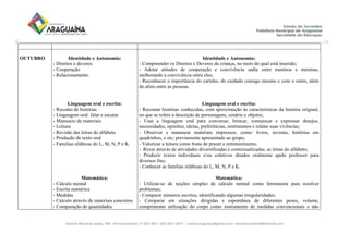 Avenida Bernardo Sayão, 499 - Entroncamento| 77.818-340 | (63) 3411-5607. | semed.araguaina@gmail.com| setoreducinfantil@hotmail.com
OUTUBRO Identidade e Autonomia:
- Direitos e deveres
- Cooperação
- Relacionamento
Linguagem oral e escrita:
- Reconto de histórias
- Linguagem oral: falar e escutar
- Manuseio de materiais
- Leitura
- Revisão das letras do alfabeto
- Produção de texto oral
- Famílias silábicas do L, M, N, P e K.
Matemática:
- Cálculo mental
- Escrita numérica
- Medidas
- Calculo através de materiais concretos
- Comparação de quantidades
Identidade e Autonomia:
- Compreender os Direitos e Deveres da criança, no meio do qual está inserido;
- Adotar atitudes de cooperação e convivência sadia entre meninos e meninas,
melhorando a convivência entre eles;
- Reconhecer a importância do carinho, do cuidado consigo mesmo e com o outro, além
do afeto entre as pessoas.
Linguagem oral e escrita:
- Recontar histórias conhecidas, com aproximação às características da história original,
no que se refere à descrição de personagens, cenário e objetos;
- Usar a linguagem oral para conversar, brincar, comunicar e expressar desejos,
necessidades, opiniões, ideias, preferências, sentimentos e relatar suas vivências;
- Observar e manusear materiais impressos, como: livros, revistas, histórias em
quadrinhos, e etc; previamente apresentado ao grupo;
- Valorizar a leitura como fonte de prazer e entretenimento;
- Rever através de atividades diversificadas e contextualizadas, as letras do alfabeto;
- Produzir textos individuais e/ou coletivos ditados oralmente apelo professor para
diversos fins;
- Conhecer as famílias silábicas do L, M, N, P e K.
Matemática:
- Utilizar-se de noções simples de cálculo mental como ferramenta para resolver
problemas;
- Comparar números escritos, identificando algumas irregularidades;
- Comparar em situações dirigidas e espontânea de diferentes pesos, volume,
comprimento utilização do corpo como instrumento de medidas convencionais e não
 