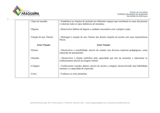 Avenida Bernardo Sayão, 499 - Entroncamento| 77.818-340 | (63) 3411-5607. | semed.araguaina@gmail.com| setoreducinfantil@hotmail.com
- Tipos de moradia
- Higiene
- Estação do ano: Outono
Artes Visuais:
- Pintura
- Desenho
- Colagem
- Cores
- Estabelecer as relações de inclusão nos diferentes espaços que constituem as casas das pessoas
e valorizar todos os tipos habitáveis de moradias;
- Desenvolver hábitos de higiene e cuidados necessários com o próprio corpo;
- Distinguir a estação do ano: Outono das demais estações de acordo com suas características
físicas.
Artes Visuais:
- Desenvolver a sensibilidade, através do contato com diversos materiais pedagógicos, como
expressão do pensamento;
- Desenvolver a função simbólica pela capacidade que tem de acumular e representar os
conhecimentos através da imagem mental;
- Confeccionar variados objetos, através do recorte e colagem, desenvolvendo suas habilidades
manuais e a capacidade de expressão.
- Conhecer as cores primárias;
 