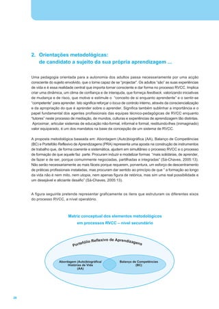 2. Orientações metodológicas:
        de candidato a sujeito da sua própria aprendizagem ...

     Uma pedagogia orientada para a autonomia dos adultos passa necessariamente por uma acção
     consciente do sujeito envolvido, que o torne capaz de se “projectar”. Os adultos “são” as suas experiências
     de vida e é essa realidade central que importa tornar consciente e dar forma no processo RVCC. Implica
     criar uma dinâmica, um clima de confiança e de interajuda, que forneça feedback, valorizando iniciativas
     de mudança e de risco, que motive e estimule o “conceito de si enquanto aprendente” e o sentir-se
     “competente” para aprender. Isto significa reforçar o locus de controlo interno, através da consciencialização
     e da apropriação do que é aprender sobre o aprender. Significa também sublinhar a importância e o
     papel fundamental dos agentes profissionais das equipas técnico-pedagógicas de RVCC enquanto
     “tutores” neste processo de mediação, de mundos, culturas e experiências de aprendizagem tão distintas.
      Aproximar, articular sistemas de educação não-formal, informal e formal, restituindo-lhes (inimaginado)
     valor equiparado, é um dos mandatos na base da concepção de um sistema de RVCC.

     A proposta metodológica baseada em: Abordagem (Auto)biográfica (AA), Balanço de Competências
     (BC) e Portefólio Reflexivo de Aprendizagens (PRA) representa uma aposta na construção de instrumentos
     de trabalho que, de forma coerente e sistemática, ajudem em simultâneo o processo RVCC e o processo
     de formação de que aquele faz parte. Procuram induzir e modelizar formas “mais solidárias, de aprender,
     de fazer e de ser, porque comummente negociadas, partilhadas e integradas” (Sá-Chaves, 2005:13).
     Não serão necessariamente as mais fáceis porque requerem, porventura, um esforço de descentramento
     de práticas profissionais instaladas, mas procuram dar sentido ao princípio de que “ a formação ao longo
     da vida não é nem mito, nem utopia, nem apenas figura de retórica, mas sim uma real possibilidade e
     um desejável e aliciante desafio” (Sá-Chaves, 2005:13).


     A figura seguinte pretende representar graficamente os itens que estruturam os diferentes eixos
     do processo RVCC, a nível operatório.



                             Matriz conceptual dos elementos metodológicos
                                   em processos RVCC – nível secundário



                                                 xivo de Aprendiza
                                        lio Refle                 gens
                                Po rtefó



                       Abordagem (Auto)biográfica/             Balanço de Competências
                            Histórias de Vida                            (BC)
                                  (AA)




28
 