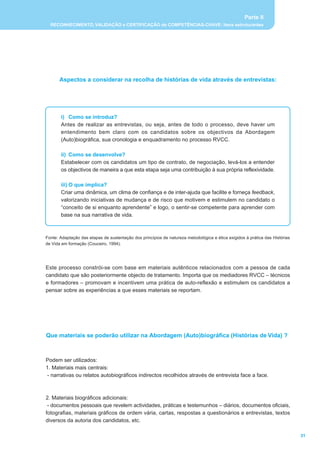 Parte II
  RECONHECIMENTO, VALIDAÇÃO e CERTIFICAÇÃO de COMPETÊNCIAS-CHAVE: itens estruturantes




      Aspectos a considerar na recolha de histórias de vida através de entrevistas:




       i) Como se introduz?
       Antes de realizar as entrevistas, ou seja, antes de todo o processo, deve haver um
       entendimento bem claro com os candidatos sobre os objectivos da Abordagem
       (Auto)biográfica, sua cronologia e enquadramento no processo RVCC.

       ii) Como se desenvolve?
       Estabelecer com os candidatos um tipo de contrato, de negociação, levá-los a entender
       os objectivos de maneira a que esta etapa seja uma contribuição à sua própria reflexividade.

       iii) O que implica?
       Criar uma dinâmica, um clima de confiança e de inter-ajuda que facilite e forneça feedback,
       valorizando iniciativas de mudança e de risco que motivem e estimulem no candidato o
       “conceito de si enquanto aprendente” e logo, o sentir-se competente para aprender com
       base na sua narrativa de vida.



Fonte: Adaptação das etapas de sustentação dos princípios de natureza metodológica e ética exigidos à prática das Histórias
de Vida em formação (Couceiro, 1994).




Este processo constrói-se com base em materiais autênticos relacionados com a pessoa de cada
candidato que são posteriormente objecto de tratamento. Importa que os mediadores RVCC – técnicos
e formadores – promovam e incentivem uma prática de auto-reflexão e estimulem os candidatos a
pensar sobre as experiências a que esses materiais se reportam.




Que materiais se poderão utilizar na Abordagem (Auto)biográfica (Histórias de Vida) ?



Podem ser utilizados:
1. Materiais mais centrais:
 - narrativas ou relatos autobiográficos indirectos recolhidos através de entrevista face a face.



2. Materiais biográficos adicionais:
 - documentos pessoais que revelem actividades, práticas e testemunhos – diários, documentos oficiais,
fotografias, materiais gráficos de ordem vária, cartas, respostas a questionários e entrevistas, textos
diversos da autoria dos candidatos, etc.

                                                                                                                              31
 