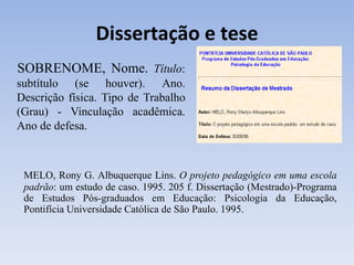 Dissertação e tese
SOBRENOME, Nome. Título:
subtítulo (se houver). Ano.
Descrição física. Tipo de Trabalho
(Grau) - Vinculação acadêmica.
Ano de defesa.



 MELO, Rony G. Albuquerque Lins. O projeto pedagógico em uma escola
 padrão: um estudo de caso. 1995. 205 f. Dissertação (Mestrado)-Programa
 de Estudos Pós-graduados em Educação: Psicologia da Educação,
 Pontifícia Universidade Católica de São Paulo. 1995.
 
