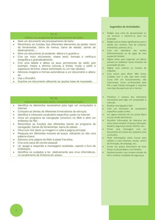 Sugestões de Actividades

                                                                                 Redigir uma carta de apresentação ou
                                 TIC 2C
                                                                                  um anúncio a oferecer-se para um
             Utilizar um programa de processamento de texto                       emprego;
       Abre um documento de processamento de texto;                             Redigir outros textos significativos para o
       Reconhece as funções dos diferentes elementos da janela: barra            adulto (ex: receitas, lista de compras,
        de ferramentas, barra de menus, barra de estado, barras de                inventários, poemas, etc.);
        deslocamento,...;                                                        Criar um calendário das tarefas
       Abre um documento já existente, altera-o e guarda-o;                      diárias/semanais ou de jogos de uma
       Cria um novo documento, insere texto, formata e verifica-o                equipa de futebol;
        ortográfica e gramaticalmente;                                           Digitar fotos, para organizar um álbum
       Cria uma tabela e altera os seus pormenores de estilo (por                pessoal ou colaborar numa iniciativa da
        exemplo: insere e elimina colunas e linhas; muda o estilo e               associação de pais;
        espessura de linha; insere sombreado ou cor nas células);                Digitar uma ementa ou horário de
                                                                                  trabalho;
       Adiciona imagens e formas automáticas a um documento e altera-
                                                                                 Criar avisos para afixar: Não Fume;
        as;
                                                                                  Cuidado com o cão; Seja bem vindo;
       Usa o WordArt;                                                            Curso EFA em funcionamento, não
       Imprime um documento utilizando as opções base de impressão.              interrompa; Curso co-financiado pelo
                                                                                  FSE e pelo Estado Português e imprimir
                                                                                  num tipo de papel sem ser o normal.


                                                                                 Planificar a compra dos elementos
                                   TIC 2D                                         necessários para ligar um computador à
             Usar a Internet para obter, transmitir informação                    Internet;
       Identifica os elementos necessários para ligar um computador à           Realizar uma ligação à Net;
        internet;                                                                Criar um dicionário de vocabulário
       Compara as ofertas de diferentes fornecedores de serviços;                específico usado na Net;
       Identifica e interpreta vocabulário específico usado na Internet;        Ler alguns excertos de um jornal diário
       Inicia um programa de navegação (browser) na Web e abre um                na sua versão electrónica;
        endereço da Net;                                                         Recolher informação de interesse em
       Reconhece as funções das diferentes barras do programa de                 sítios (sites) estatais: Finanças, Educação;
        navegação: barras de ferramentas, barra de estado, …                      Notário; Segurança Social; InfoCid.; etc.;
                                                                                 Enviar uma mensagem com um
       Clica num link (texto ou imagem) e volta à página principal;
                                                                                  documento em anexo (ex: pequena nota
       Pesquisa em diferentes motores de busca, utilizando ou não uma            curricular);
        palavra-chave;                                                           Pedir informações sobre Cursos para
       Adiciona uma página da Web à pasta Favoritos.                             adultos a uma empresa, escola, centro
       Cria uma caixa de correio pessoal;                                        de formação, de emprego, etc.;
       Lê, apaga e responde a mensagens recebidas, usando o livro de            Enviar um postal electrónico de boas
        endereços;                                                                festas ou de parabéns a um familiar;
       Identifica os cuidados a ter, relativamente aos vírus informáticos,      Realizar/simular uma compra através da
        no recebimento de ficheiros em anexo.                                     Net e verificar condições de segurança.




    2
 