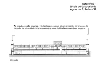 Referencia - Escola de Gastronomia Águas de S. Pedro -SP As circulações são externas  , interligadas por escadas laterais protegidas por empenas de concreto. Na extremidade norte, uma pequena praça é utilizada como ponto de encontro.  
