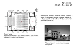 Referencia - KKKK – Registro SP Um cubo em alvenaria caiado de branco, acomoda o teatro. Em linguagem simples e distinta aos outros edifícios ele não agride, não confunde, mas mantém alinhamento e escala. A harmonia entre os prédios antigos e o novo prédio  