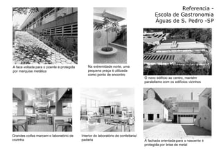 Referencia - Escola de Gastronomia Águas de S. Pedro -SP O novo edifício ao centro, mantém paralelismo com os edifícios vizinhos A fachada orientada para o nascente é protegida por brise de metal  A face voltada para o poente é protegida por marquise metálica Na extremidade norte, uma pequena praça é utilizada como ponto de encontro Grandes coifas marcam o laboratório de cozinha   Interior do laboratório de confeitaria/padaria   