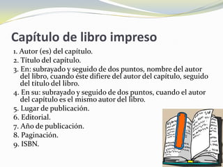 Capítulo de libro impreso
1. Autor (es) del capítulo.
2. Título del capítulo.
3. En: subrayado y seguido de dos puntos, nombre del autor
   del libro, cuando éste difiere del autor del capítulo, seguido
   del título del libro.
4. En su: subrayado y seguido de dos puntos, cuando el autor
   del capítulo es el mismo autor del libro.
5. Lugar de publicación.
6. Editorial.
7. Año de publicación.
8. Paginación.
9. ISBN.
 