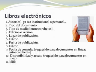 Libros electrónicos
1. Autor(es), ya sea institucional o personal..
2. Tipo del documento.
3. Tipo de medio [entre corchetes].
4. Edición o versión.
5. Lugar de publicación.
6. Editor.
7. Fecha de publicación.
8. Editor.
9. Fecha de consulta [requerido para documentos en línea;
   entre corchetes].
10. Disponibilidad y acceso (requerido para documentos en
   línea).
11. ISBN
 