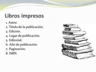 Libros impresos
1. Autor.
2. Título de la publicación.
3. Edición.
4. Lugar de publicación.
5. Editorial.
6. Año de publicación.
7. Paginación.
8. ISBN.
 