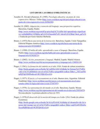 LISTADO DE LAS OBRAS EMBLEMÁTICAS
Ausubel, D. ,NovakJ.yHanesian, H. (1989). Psicología educativa: un punto de vista
cognoscitivo. México: Trillas (http://www.worldcat.org/title/psicologia-educativa-un-
punto-de-vista-cognoscitivo/oclc/26506200)
Ausubel, D. (2002). Adquisición y retención del lenguaje: una perspectiva cognitiva.
Barcelona, España: Paidós
(http://www.worldcat.org/search?q=psicolog%C3%ADa+del+aprendizaje+significati
vo+verbal&dblist=638&fq=ap%3A%22ausubel%2C+david+p%22&qt=facet_ap%3A
) Traducido por Genis Sánchez Barberán.
Bruner, J. (1972) Hacia una teoría de la instrucción. Barcelona, España: Unión Tipográfica
Editorial Hispano América (http://www.worldcat.org/title/hacia-una-teoria-de-la-
instruccion/oclc/431844663)
Bruner. J. (1990). El habla del niño: aprendiendo a usar el lenguaje. Barcelona, España:
Paidós (http://www.worldcat.org/title/habla-del-nino-aprendiendo-a-usar-el-
lenguaje/oclc/633624271)
Bruner, J. (2002). Acción, pensamiento y lenguaje. Madrid, España: Madrid Alianza
(http://www.worldcat.org/title/accion-pensamiento-y-lenguage/oclc/124030116)
Piaget, J. (1961). La formación del símbolo en el niño. USA: Fondo de cultura económica
(http://books.google.com.co/books?id=iulOSwAACAAJ&dq=la+formaci%C3%B3n
+del+s%C3%ADmbolo+en+el+ni%C3%B1o+piaget&hl=es&sa=X&ei=_7tEUua5NI
ia9QT4pYH4Dw&ved=0CC0Q6AEwAA)
Piaget, J. (1977). El juicio y el razonamiento en el niño. Buenos aires, Argentina: Editorial
Guadalupe (http://www.worldcat.org/title/juicio-y-el-razonamiento-en-el-nino-
estudio-sobre-la-logica-del-nino-ii/oclc/27587597)
Piaget, J. (1978). La representación del mundo en el niño. Barcelona, España: Morata
(http://www.worldcat.org/title/representacion-del-mundo-en-el-nino/oclc/29555473)
Novena edición. La primera edición se hizo en 1933.
Piaget, J. (1978).El desarrollo de la noción del tiempo en el niño. USA: Fondo de cultura
Económica
(http://books.google.com.co/books?id=k1cyPAAACAAJ&dq=el+desarrollo+de+la+n
ocion+del+tiempo+en+el+ni%C3%B1o+piaget&hl=es&sa=X&ei=urpEUuOCDIia8w
SxooDQBA&ved=0CDYQ6AEwAA)
 