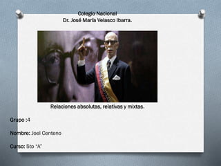 Colegio Nacional
Dr. José María Velasco Ibarra.

Relaciones absolutas, relativas y mixtas.
Grupo :4
Nombre: Joel Centeno
Curso: 5to “A”

 