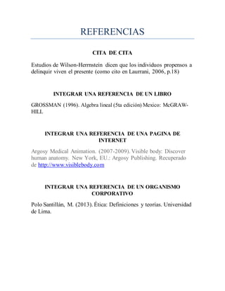 REFERENCIAS
CITA DE CITA
Estudios de Wilson-Herrnstein dicen que los individuos propensos a
delinquir viven el presente (como cito en Laurrani, 2006, p.18)
INTEGRAR UNA REFERENCIA DE UN LIBRO
GROSSMAN (1996). Algebra lineal (5ta edición) Mexico: McGRAW-
HILL
INTEGRAR UNA REFERENCIA DE UNA PAGINA DE
INTERNET
Argosy Medical Animation. (2007-2009). Visible body: Discover
human anatomy. New York, EU.: Argosy Publishing. Recuperado
de http://www.visiblebody.com
INTEGRAR UNA REFERENCIA DE UN ORGANISMO
CORPORATIVO
Polo Santillán, M. (2013). Ética: Definiciones y teorías. Universidad
de Lima.
 
