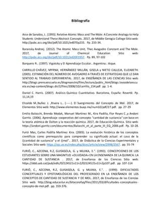 Bibliografía
Arce de Sanabia, J.. (1993). Relative Atomic Mass and The Mole: A Concrete Analogy to Help
Students Understand These Abstract Concepts. 2017, de MIddle Gerogia College Sitio web:
http://pubs.acs.org/doi/pdf/10.1021/ed070p233. Pp. 233-34.
Baransky Andrzej. (2012). The Atomic Mass Unit, Thec Avogadro Constant and The Mole.
2017, de Journal of Chemical Education Sitio web:
http://pubs.acs.org/doi/pdf/10.1021/ed2001957. Pp. 89, 97-102
Barquero R.. (1997). Vigotsky y El Aprendizaje Escolar.. Argentina.: Aique.
CARRILLO CHÁVEZ, MYRNA; HERNÁNDEZ MILLÁN, GISELA y NIETO CALLEJA, ELIZABETH.
(2005). ESTIMACIÓN DEL NÚMERO DE AVOGADRO A TRAVÉS DE ESTRATEGIAS QUE LE DAN
SENTIDO AL TRABAJO EXPERIMENTAL. 2017, de ENSEÑANZA DE LAS CIENCIAS Sitio web:
http://blogs.prensaescuela.es/blogmaestro/files/lectura/public_html/blogs.lavozdelaescu
ela.es/wp-content/blogs.dir/2/files/2008/10/carrillo_154.pdf. pp. 1-4.
Daniel C. Harris. (2007). Análisis Químico Cuantitativo. Barcelona, España: Reverté. Pp.
11,14,19
Elizalde M.,Nuñez J. ,Rivera L.. (-----). El Suergimiento del Concepto de Mol. 2017, de
Elementos Sitio web: http://www.elementos.buap.mx/num10/pdf/27.pdf. pp. 27-29
Emilio Balocchi, Brenda Modak, Manuel Martínez M., Kira Padilla, Flor Reyes C.,y Andoni
Garritz. (2006). Aprendizaje cooperativo del concepto "cantidad de sustancia" con base en
la teoría atómica de Dalton y la reacción química. 2017, de Educación Química. Sitio web:
https://andoni.garritz.com/documentos/Balocchi_et_al_parte_III_EQ_2006.pdf. Pp. 10-28.
Furió Mas, Carles Padilla Martínez Kira. (2003). La evolución histórica de los conceptos
científicos como prerrequisito para comprender su significado actual: el caso de la
((cantidad de sustancia" y el ((mol".. 2017, de Didáctica de la Ciencias Experimentales y
Sociales Sitio web: https://ojs.uv.es/index.php/dces/article/view/2998/2567. pp. 55-74
FURIÓ, C., AZCONA, R.Z, GUISASOLA, G. y MUJIKA, E.". (1993). CONCEPCIONES DE LOS
ESTUDIANTES SOBRE UNA MAGNITUD «OLVIDADA» EN LA ENSENANZA DE LA QUIMICA: LA
CANTIDAD DE SUSTANCIA . 2017, de Enseñanza de las Ciencias Sitio web:
https://ddd.uab.cat/pub/edlc/02124521v11n2/02124521v11n2p107.pdf. pp. 107-114
FURIÓ, C., AZCONA, R.Z, GUISASOLA, G. y MUJIKA, E.". . (1999). DIFICULTADES
CONCEPTUALES Y EPISTEMOLÓGICAS DEL PROFESORADO EN LA ENSEÑANZA DE LOS
CONCEPTOS DE CANTIDAD DE SUSTANCIA Y DE MOL. 2017, de Enseñanza de las Ciencias
Sitio web: http://blog.educastur.es/bitacorafyq/files/2011/03/dificultades-conceptuales-
concepto-de-mol.pdf. pp. 359-376.
 