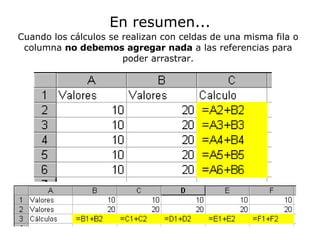 En resumen... Cuando los cálculos se realizan con celdas de una misma fila o columna  no debemos agregar nada  a las referencias para poder arrastrar. 