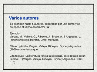 Varios autores
Se escriben hasta 5 autores, separados por una coma y se
antepone al último el carácter ‘&’
Ejemplo:
Vargas, M., Vallejo, C., Ribeyro, J., Bryce, A. & Arguedas, J.
(1969) Antología literaria. Lima: Mercurio.
Cita en párrafo: Vargas, Vallejo, Ribeyro, Bryce y Arguedas
(1969) comentaron que …
Cita textual: “La literatura refleja la sociedad, es el retrato de un
tiempo…” (Vargas, Vallejo, Ribeyro, Bryce y Arguedas, 1969,
p. 8)
Biblioteca
 