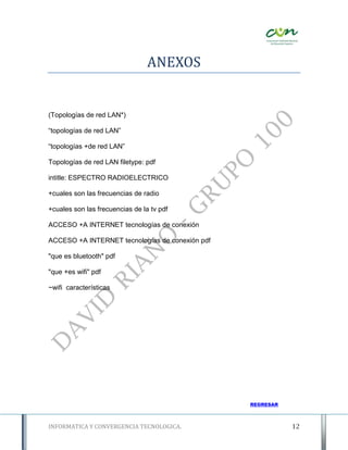 ANEXOS


(Topologías de red LAN*)

“topologías de red LAN”

“topologías +de red LAN”

Topologías de red LAN filetype: pdf

intitle: ESPECTRO RADIOELECTRICO

+cuales son las frecuencias de radio

+cuales son las frecuencias de la tv pdf

ACCESO +A INTERNET tecnologías de conexión

ACCESO +A INTERNET tecnologías de conexión pdf

"que es bluetooth" pdf

"que +es wifi" pdf

~wifi características




                                                 REGRESAR



INFORMATICA Y CONVERGENCIA TECNOLOGICA.                     12
 