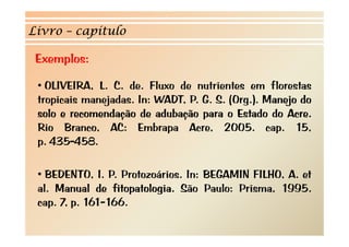 Livro – capítulo

 Exemplos:
 • OLIVEIRA, L. C. de. Fluxo de nutrientes em florestas
 tropicais manejadas. I WADT P G S (O ) M
                 d In: WADT, P. G. S. (Org.). Manejo d
                                                     do
 solo e recomendação de adubação para o Estado do Acre.
 Rio B
 R     Branco, AC E b
                AC: Embrapa A  Acre, 2005 cap. 15
                                      2005.         15,
 p. 435-458.

 • BEDENTO, I. P. Protozoários. In: BEGAMIN FILHO, A. et
 al. Manual de fitopatologia. São Paulo: Prisma, 1995.
 cap. 7, p. 161-166.
    p p
 