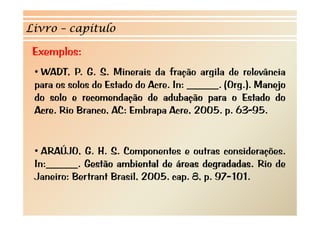 Livro – capítulo

 Exemplos:
 • WADT, P. G. S. Minerais da fração argila de relevância
 para os solos do Estado do Acre. In: ______. (Org.). Manejo
                                            .
 do solo e recomendação de adubação para o Estado do
 Acre. Rio Branco, AC: Embrapa Acre, 2005. p. 63-95.
                                                 63 95.


 • ARAÚJO, G. H. S. Componentes e outras considerações.
 In:______. Gestão ambiental de áreas degradadas Rio de
 In:                                    degradadas.
 Janeiro: Bertrant Brasil, 2005. cap. 8, p. 97-101.
 