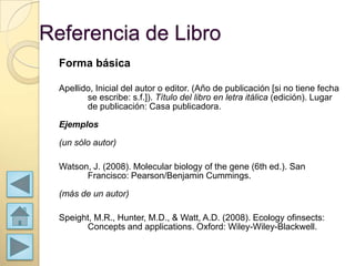 Referencia de Libro
  Forma básica

  Apellido, Inicial del autor o editor. (Año de publicación [si no tiene fecha
         se escribe: s.f.]). Título del libro en letra itálica (edición). Lugar
         de publicación: Casa publicadora.

  Ejemplos

  (un sólo autor)

  Watson, J. (2008). Molecular biology of the gene (6th ed.). San
        Francisco: Pearson/Benjamin Cummings.

  (más de un autor)

  Speight, M.R., Hunter, M.D., & Watt, A.D. (2008). Ecology ofinsects:
        Concepts and applications. Oxford: Wiley-Wiley-Blackwell.
 