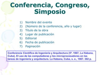 Conferencia, Congreso,
        Simposio
          1)   Nombre del evento
          2)   (Número de la conferencia, año y l...