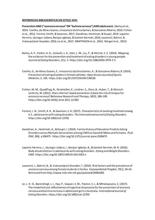 REFERENCIAS BIBLIOGRÁFICASEN ESTILO APA:
PreventionAND (“anorexianervosa” OR “bulimianervosa”) ANDadolescent. (Baileyetal.,
2014; Coelho,de AbreuSoares,InnocenciodaSilvaGomes,&GoncalvesRibeiro,2014; Fichter
et al.,2012; Forrest,Smith,&Swanson,2017; Goodman,Heshmati,&Koupil,2014; Laporta-
Herrero,Jáuregui-Lobera,Barajas-Iglesias,&Santed-Germán,2016; Lazarević,Batinić,&
Vukosavljević-Gvozden,2016; Le etal.,2017; MARTINSEN et al.,2014; Weigel etal.,2015)
Bailey,A.P.,Parker,A.G., Colautti,L.A.,Hart, L. M., Liu, P.,& Hetrick,S. E. (2014). Mapping
the evidence forthe preventionandtreatmentof eatingdisordersinyoungpeople.
Journalof Eating Disorders,2(1), 5. https://doi.org/10.1186/2050-2974-2-5
Coelho,G.,de AbreuSoares,E.,InnocenciodaSilvaGomes,A.,& GoncalvesRibeiro,B.(2014).
Preventionof eatingdisordersinfemale athletes. Open AccessJournalof Sports
Medicine,5, 105. https://doi.org/10.2147/OAJSM.S36528
Fichter,M. M., Quadflieg,N.,Nisslmüller,K.,Lindner,S.,Osen,B.,Huber,T.,& Wünsch-
Leiteritz,W.(2012). Doesinternet-basedpreventionreduce the riskof relapse for
anorexianervosa? BehaviourResearch and Therapy, 50(3),180–190.
https://doi.org/10.1016/j.brat.2011.12.003
Forrest,L. N.,Smith,A.R., & Swanson,S.A.(2017). Characteristicsof seekingtreatmentamong
U.S. adolescentswitheatingdisorders. TheInternationalJournalof Eating Disorders.
https://doi.org/10.1002/eat.22702
Goodman,A.,Heshmati,A.,&Koupil,I.(2014). FamilyHistoryof EducationPredictsEating
DisordersacrossMultiple Generationsamong2MillionSwedishMalesandFemales. PLoS
ONE,9(8), e106475. https://doi.org/10.1371/journal.pone.0106475
Laporta-Herrero, I.,Jáuregui-Lobera,I.,Barajas-Iglesias,B.,&Santed-Germán,M.Á.(2016).
Bodydissatisfactioninadolescentswitheatingdisorders. Eating and WeightDisorders :
EWD. https://doi.org/10.1007/s40519-016-0353-x
Lazarević,J.,Batinić,B.,& Vukosavljević-Gvozden,T.(2016). Riskfactors and the prevalence of
anorexianervosaamongfemalestudentsinSerbia. VojnosanitetskiPregled,73(1),34–41.
Retrievedfromhttp://www.ncbi.nlm.nih.gov/pubmed/26964382
Le,L. K.-D.,Barendregt,J.J.,Hay,P.,Sawyer,S.M., Paxton,S.J.,& Mihalopoulos,C.(2017).
The modelledcost-effectivenessof cognitive dissonanceforthe preventionof anorexia
nervosaandbulimianervosainadolescentgirlsinAustralia. InternationalJournalof
Eating Disorders.https://doi.org/10.1002/eat.22703
 
