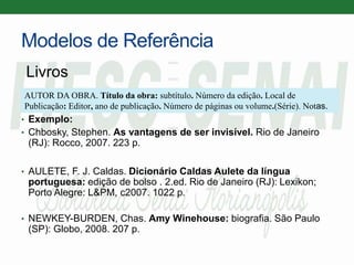 Modelos de Referência
Livros
• Exemplo:
• Chbosky, Stephen. As vantagens de ser invisível. Rio de Janeiro
(RJ): Rocco, 2007. 223 p.
• AULETE, F. J. Caldas. Dicionário Caldas Aulete da língua
portuguesa: edição de bolso . 2.ed. Rio de Janeiro (RJ): Lexikon;
Porto Alegre: L&PM, c2007. 1022 p.
• NEWKEY-BURDEN, Chas. Amy Winehouse: biografia. São Paulo
(SP): Globo, 2008. 207 p.
AUTOR DA OBRA. Título da obra: subtítulo. Número da edição. Local de
Publicação: Editor, ano de publicação. Número de páginas ou volume.(Série). Notas.
 