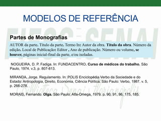 MODELOS DE REFERÊNCIA
Partes de Monografias
NOGUEIRA, D. P. Fadiga. In: FUNDACENTRO. Curso de médicos do trabalho. São
Paulo, 1974. v.3, p. 807-813.
MIRANDA, Jorge. Regulamento. In: POLIS Enciclopédia Verbo da Sociedade e do
Estado: Antropologia, Direito, Economia, Ciência Política. São Paulo: Verbo, 1987. v. 5,
p. 266-278.
MORAIS, Fernando. Olga. São Paulo: Alfa-Omega, 1979. p. 90, 91, 96, 175, 185.
AUTOR da parte. Título da parte. Termo In: Autor da obra. Título da obra. Número da
edição. Local de Publicação: Editor , Ano de publicação. Número ou volume, se
houver, páginas inicial-final da parte, e/ou isoladas.
 
