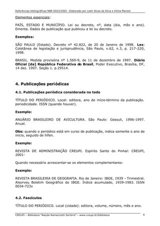 Referências bibliográficas NBR 6023/2002 - Elaborado por Ledir Alves da Silva e Vilma Manoel
CREUPI – Biblioteca “Alayde Ramacciotti Sertório” – www.creupi.br/biblioteca 6
Elementos essenciais:
PAÍS, ESTADO E MUNICÍPIO. Lei ou decreto, nº, data (dia, mês e ano).
Ementa. Dados de publicação que publicou a lei ou decreto.
Exemplos:
SÃO PAULO (Estado). Decreto nº 42.822, de 20 de Janeiro de 1998. Lex:
Coletânea de legislação e jurisprudência, São Paulo, v.62, n.3, p. 217-220,
1998.
BRASIL. Medida provisória nº 1.569-9, de 11 de dezembro de 1997. Diário
Oficial [da] República Federativa do Brasil, Poder Executivo, Brasília, DF,
14 dez. 1997. Seção 1. p.29514.
4. Publicações periódicas
4.1. Publicações periódica considerada no todo
TÍTULO DO PERIÓDICO. Local: editora, ano de início-término da publicação.
periodicidade. ISSN (quando houver).
Exemplo:
ANUÁRIO BRASILEIRO DE AVICULTURA. São Paulo: Gessuli, 1996-1997.
Anual.
Obs: quando o periódico está em curso de publicação, indica somente o ano de
inicio, seguido de hífen.
Exemplo:
REVISTA DE ADMINISTRAÇÃO CREUPI. Espírito Santo do Pinhal: CREUPI,
2001-
Quando necessário acrescentar-se os elementos complementares:
Exemplo:
REVISTA BRASILEIRA DE GEOGRAFIA. Rio de Janeiro: IBGE, 1939 - Trimestral.
Alsorveu Boletim Geográfico do IBGE. Índice acumulado, 1939-1983. ISSN
0034-723x
4.2. Fascículos
TÍTULO DO PERIÓDICO. Local (cidade): editora, volume, número, mês e ano.
 